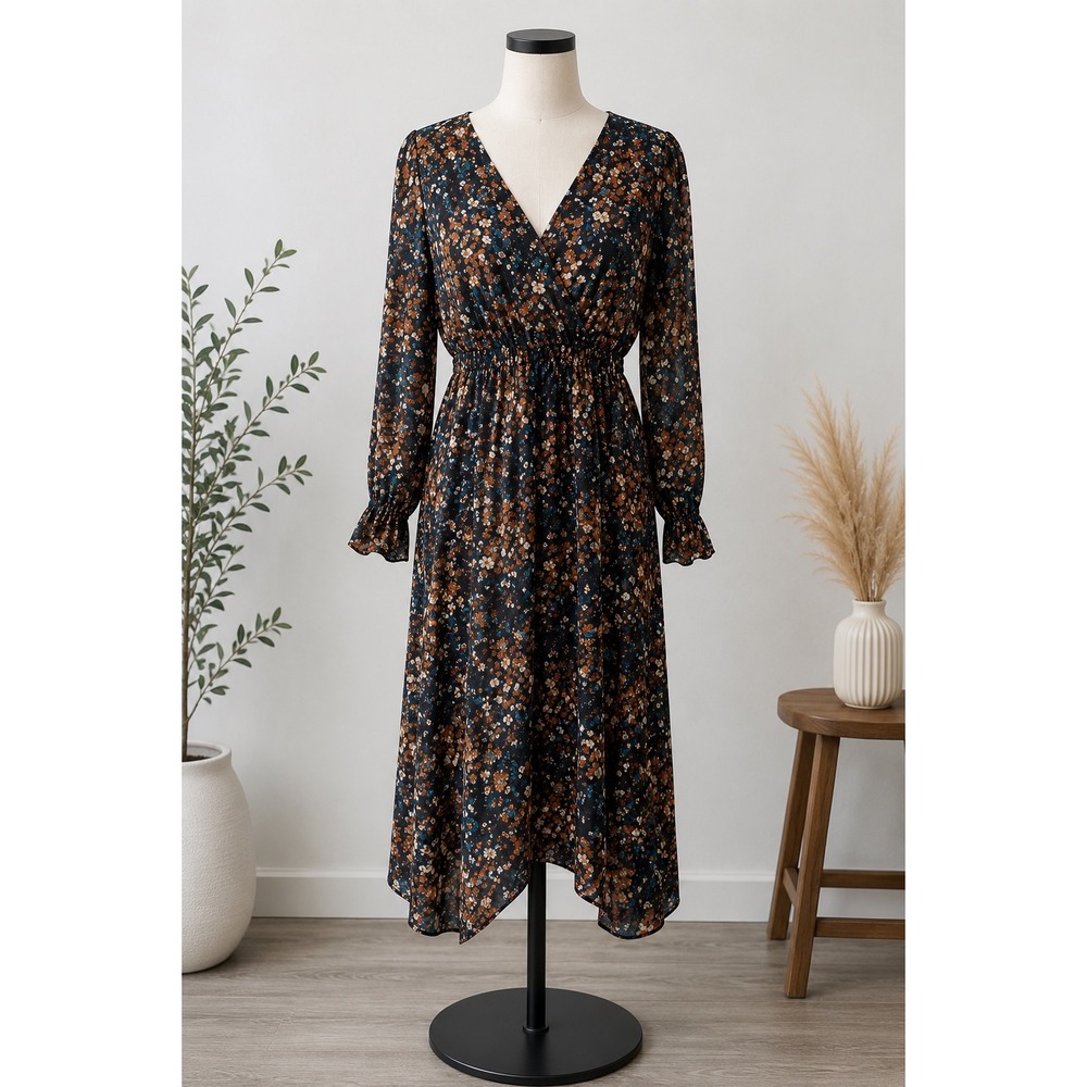 Boho Floral Midi Dress Women's Large Cottagecore Prairie Fall Dress